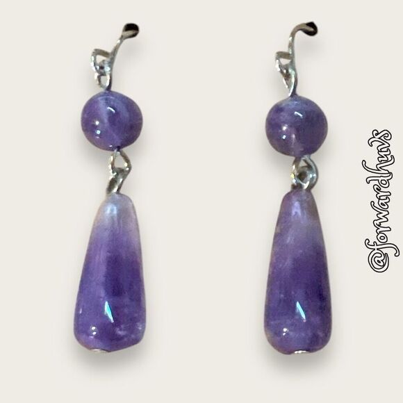 Elegant Amethyst Teardrop Dangle Earrings - Silver Tone - Picture 1 of 8